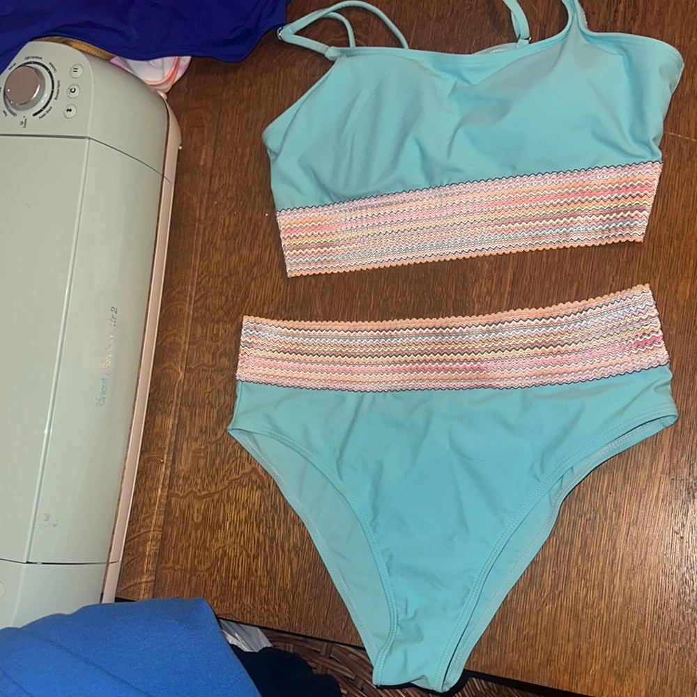 Aqua Two-Piece Swimsuit with Multicolor Band